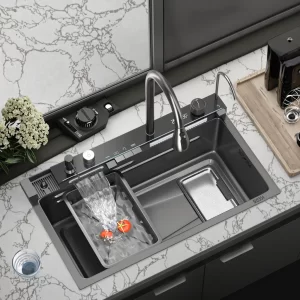 2025 Modern Pop Handmade Black Nano Single Bowl Waterfall Multifunctional Stainless Steel Smart Kitchen Sink