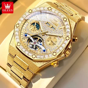 OLEVS 9805 High end Men Watches Waterproof Moon Phase Diamond Dial Fashion Luxury Mechanical Watch Skeleton Original Wristwatch