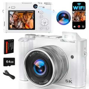 5K 64MP WiFi Digital Camera, 6X Optical Zoom, 30FPS Vlogging Camera, Rear & Front Cameras for Photography and Video, 64GB Card