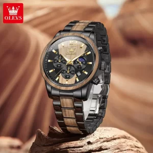 OLEVS 3645 Mens Watch Top Business Quartz Watch Solid Wood Multifunctional Chronograph Watch Moon Phase Reloj New