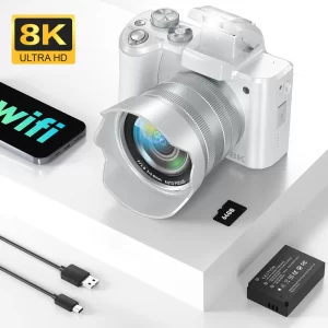 8K Digital Camera for Photography, Front And Rear Dual lens Vlogging Camera, Autofocus, WiFi Touchscreen 16X Digital Zoom, White