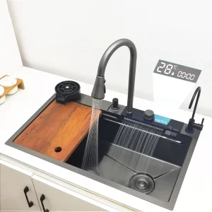 LED Waterfall Kitchen Sink 304 Stainless Steel Sink Large Single basin With Multifunction LED display Waterfall Faucet gun gray