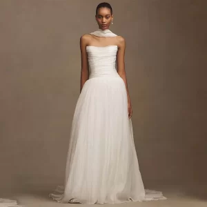 Custom Made Pleat Strapless Bridal Grown A Line Wedding Dresses With Scalf CUstom Made 2026 Vestido De Noival