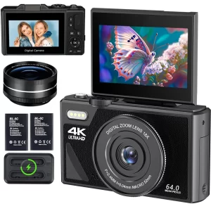 64MP Compact Digital Photography Camera 4K 18X Digital Zoom Vintage Vlog Video Recorder YouTube 3" Flip Screen Selfile Webcam