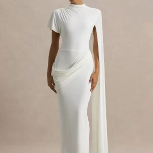 Blifanbo Ribbon Ruched Sexy Maxi Dress Women Elegant Gown Short Sleeve Bodycon Solid Slim Fashion Club Party Evening Long Dress