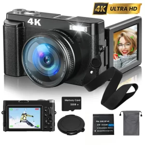 MELCAM 4K 48MP Digital Camera for Photography and Video Autofocus Anti-Shake Vlogging Camera 180° Flip Screen With 32G TF Card