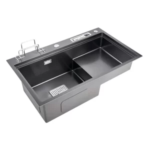 High Low Kitchen Sink Water-Saving Design Matte Black with Knife Rack Cutting Board Holder Multifunctional Stainless Steel Basin