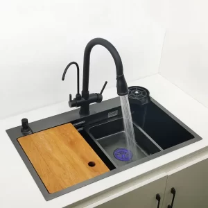 Kaipeida Matte Black Nano Kitchen Sink Above Mount Washing Basin with chopping board 304 Stainless Steel Single black sinks