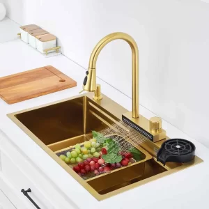 Waterfall Kitchen Sink Gold 304 Stainless Steel Sink Faucet Large Single Bowl Wash Basin Kitchen Accessories Nano golden sink