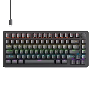 75% Mechanical Keyboard Wired with Media Knob, APAYADO Black Gaming Keyboard,Hot-Swap,ABS Cap Transparent Character Backlighting