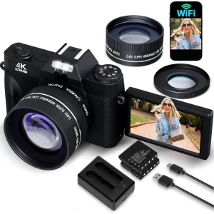 4K 64MP Digital Camera for Photography Video Vlogging Camera for YouTube Autofocus Compact 16X Zoom 180° Flip Screen WiFi Camera
