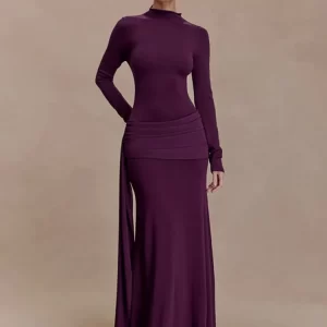 Blifanbo Elegant Ruched Ribbon Long Dress Women Gown Turtleneck Sexy Long Sleeve Patchwork High Waist Club Party Evening Dress