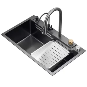 Waterfall Kitchen Sink Single Bowl Stainless Steel Kitchen Sink Recessed Sink with Tap Faucet and Various Accessories
