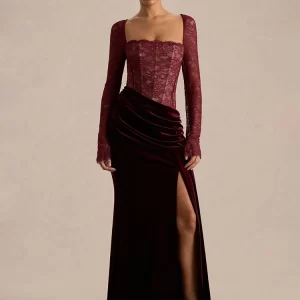 Blifanbo Lace Velvet Sexy Elegant Maxi Dress Women See Through Backless Split Square-Neck Long Sleeve Club Party Long Dress New