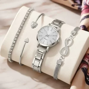 4PCS Fashion Women's Watch Set Trendy Luxury Simple Roman Numerals Scale Round Dial Quartz Watch Bracelet Set Perfect Gift