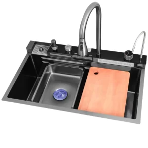 Modern Waterfall Digital Pull Faucet Handmade Stainless Steel Single Bowl Kitchen Sink with Dishwasher Smart Base Design